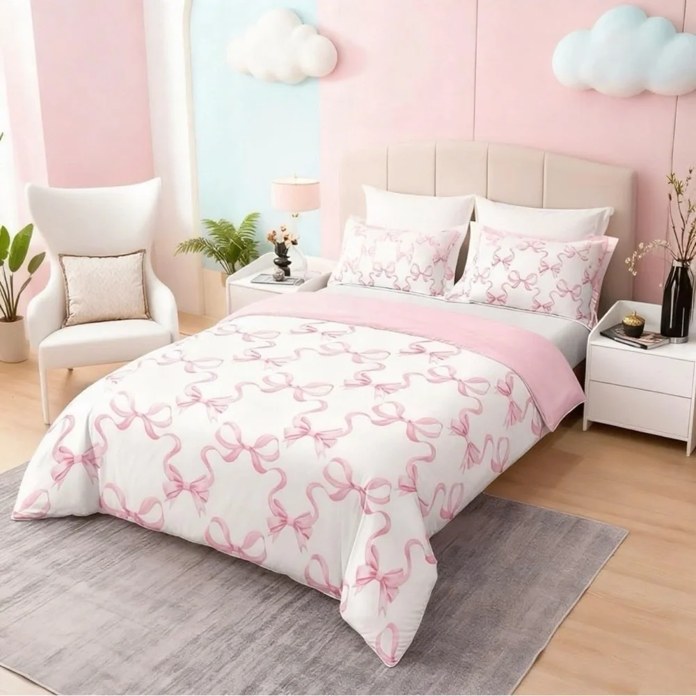 Pink Bow Print Cotton Duvet Cover Set Full Size